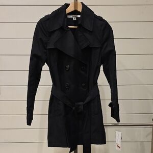DKNY Black Double-Breasted Trench with Waist Tie